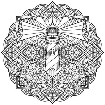 Discover tranquility with this stunning Lighthouse Mandala, where an iconic beacon emerges from the mist, intricately woven into a symmetrical design. This captivating coloring page offers a unique blend of nautical charm and meditative artistry, perfect for advanced colorists.