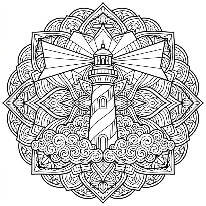 Discover tranquility with this stunning Lighthouse Mandala, where an iconic beacon emerges from the mist, intricately woven into a symmetrical design. This captivating coloring page offers a unique blend of nautical charm and meditative artistry, perfect for advanced colorists.