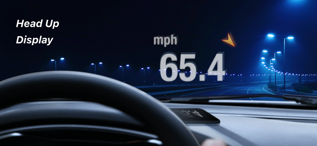 Speed Tracker. Pro - Head-up display reflecting current driving speed on a car windshield at night
