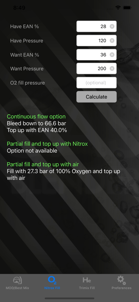 Gas*Blender - 테크니컬 다이빙을 위한 나이트록스 충전 계산 결과가 표시되는 Gas Blender 앱 인터페이스