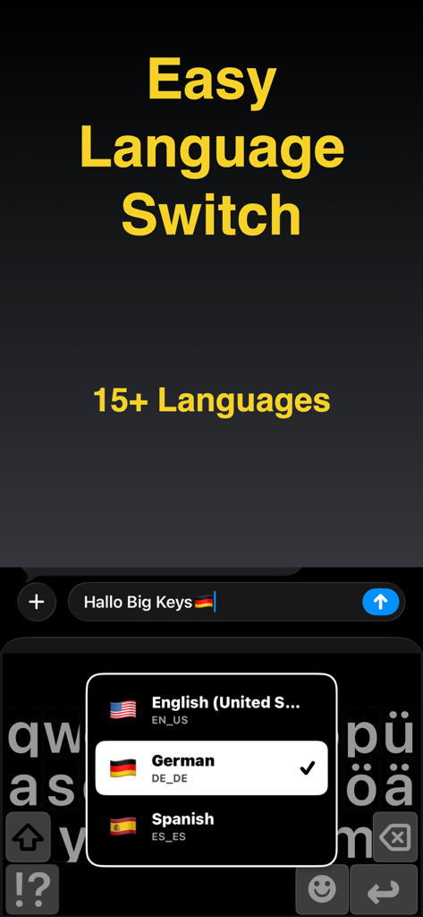 Big Keys Keyboard - A high contrast mobile keyboard with large keys showing a language selection menu for English German and Spanish
