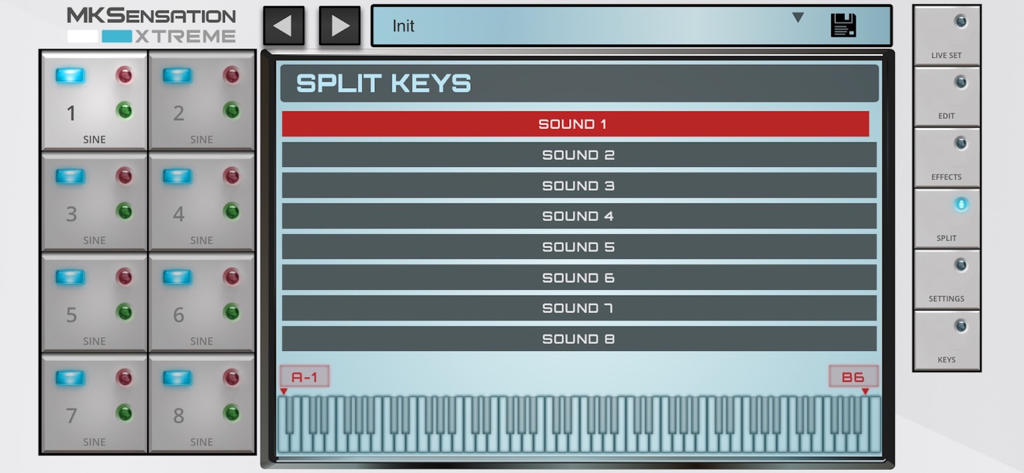 MKSensation Xtreme - MKSensation Xtreme app showing the split keys interface for mapping 8 sound slots across a keyboard