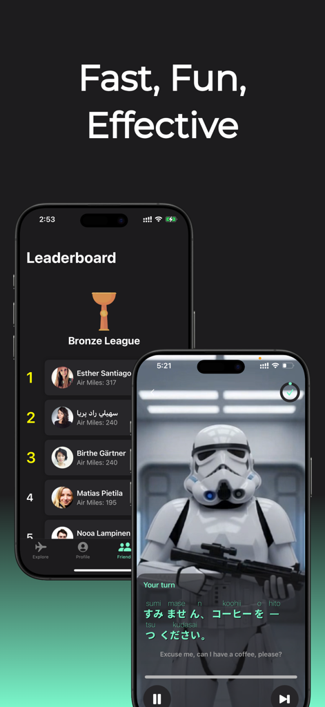 PrettyFluent Language Skills - PrettyFluent app screens showing a leaderboard and a Japanese lesson for ordering coffee