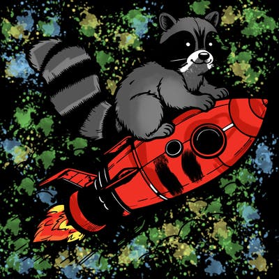 realistic raccoon flying on top rocket ship