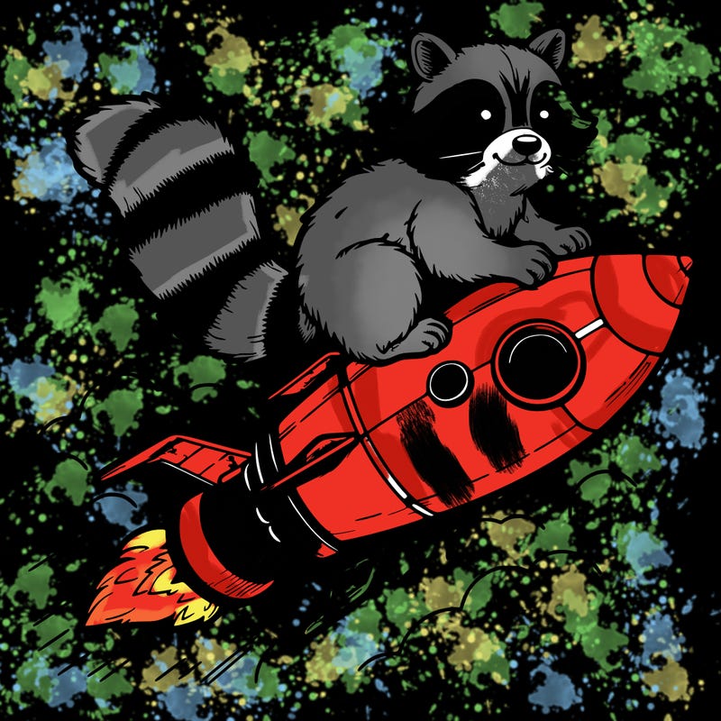 realistic raccoon flying on top rocket ship