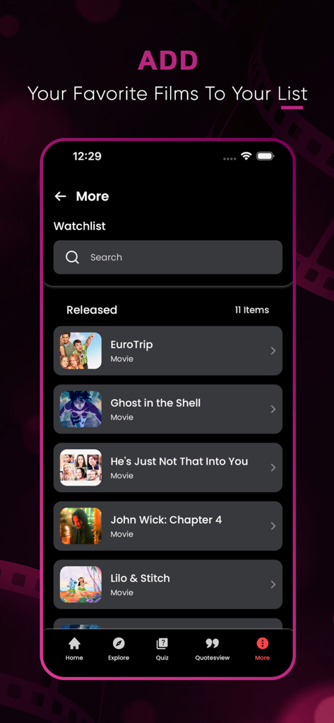 Seekee Movies : Films & Shows - Seekee app interface for organizing favorite movies and TV shows in a personal watchlist