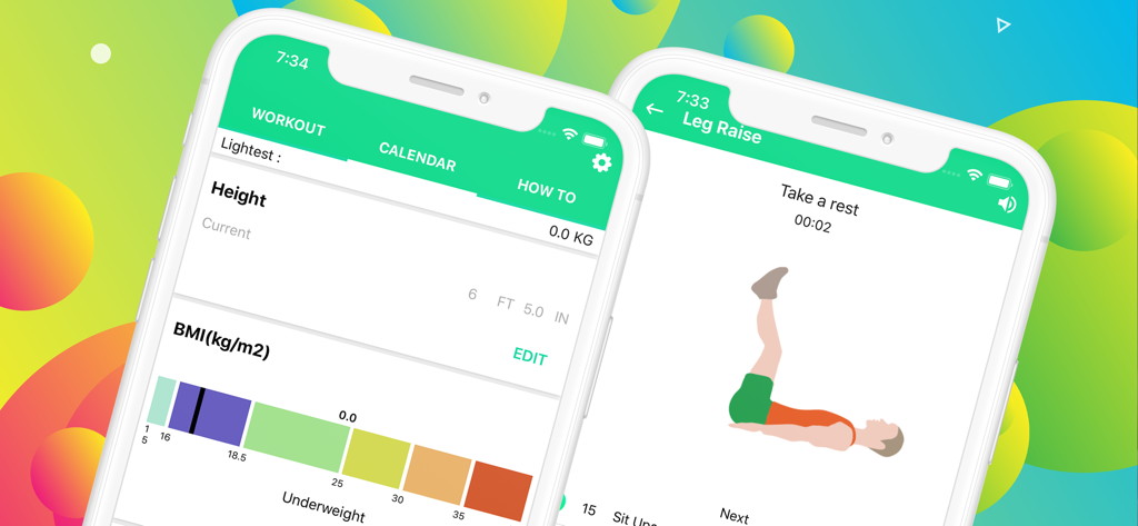 Interface of the Summertime Saga Workout App showing a BMI calculator and a leg raise exercise illustration.