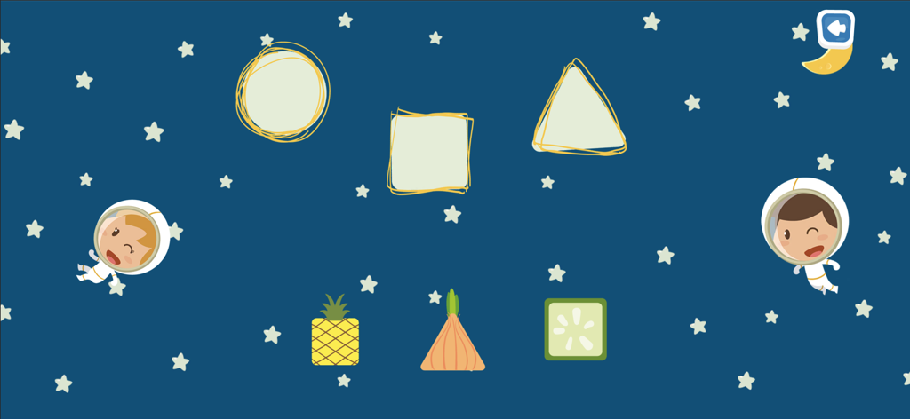 Pantalla de juego educativo para niños pequeños que muestra una actividad de emparejamiento de formas con frutas y verduras en un fondo temático espacial.