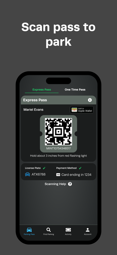 iParkit app screen displaying an Express Pass QR code for contactless garage entry and exit