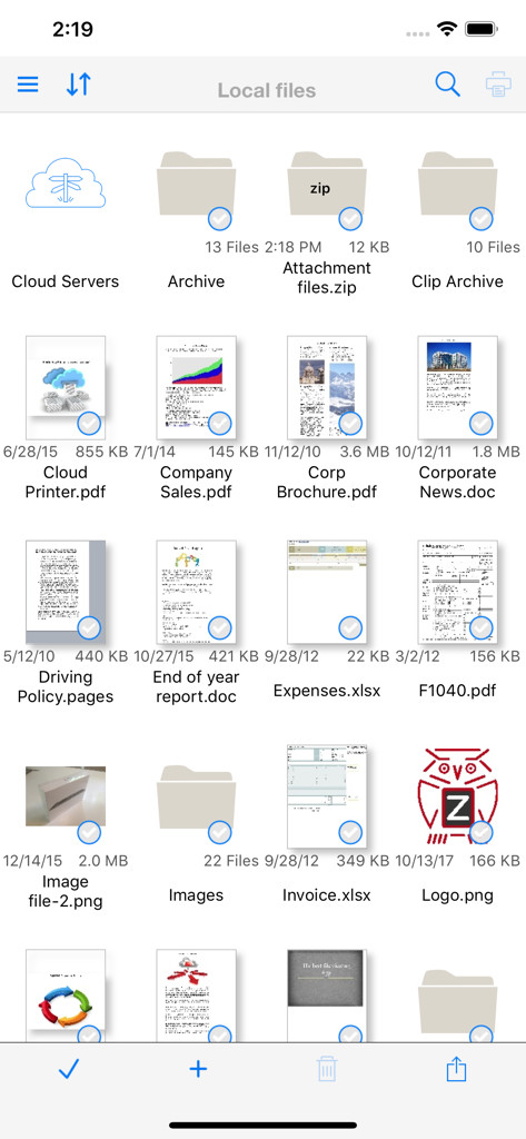 PrintCentral for iPhone - Gestor de archivos local en PrintCentral para iPhone mostrando documentos y carpetas