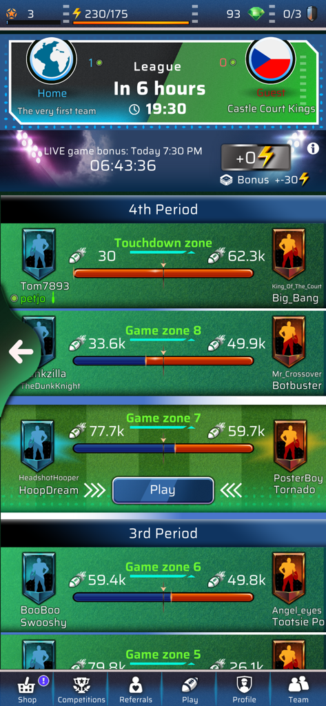 Touchdown - Football PvP Game - League match screen in Touchdown Football PvP Game showing player matchups across game zones
