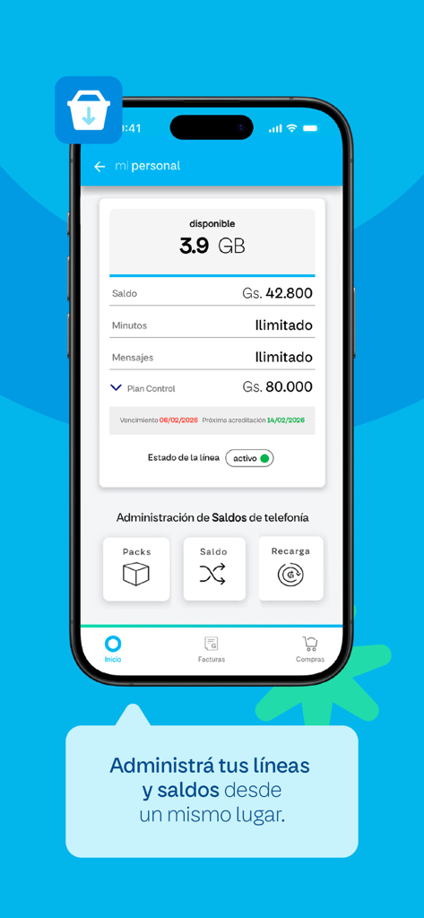 Mi Personal - Paraguay - Interface of the Mi Personal Paraguay app showing available data, account balance, and options to manage phone lines.