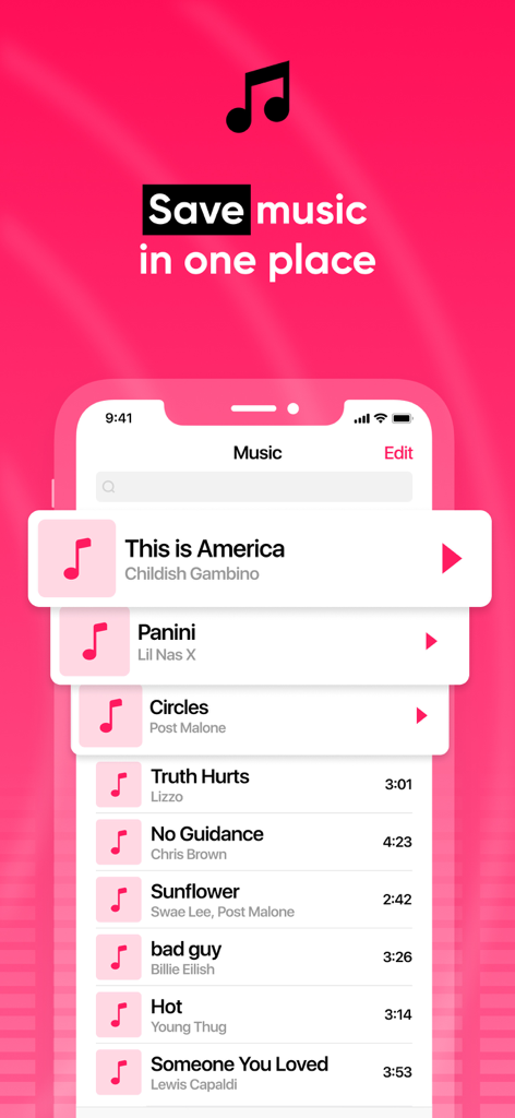 Interface of the Cloud Music Offline Player app displaying a music library and the slogan Save music in one place