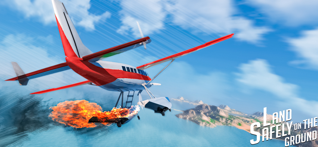 Plane Simulator: Plane Games - A seaplane with an engine on fire flying over a coastal area in a flight simulator game