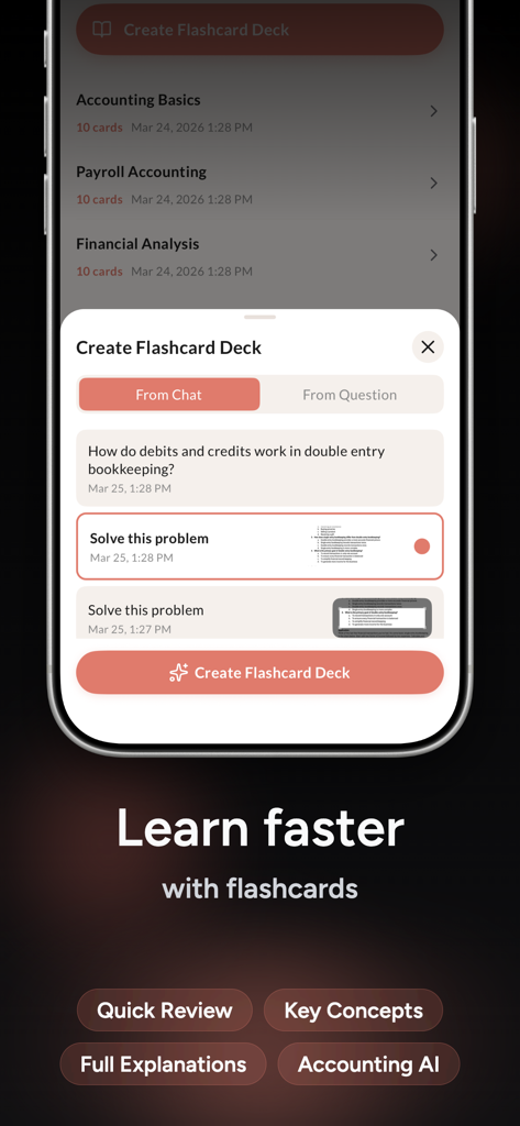 Accounting AI Solver Helper - Pantalla de smartphone mostrando la función de creación de mazos de tarjetas de memoria dentro de la aplicación Solucionador IA de Contabilidad.