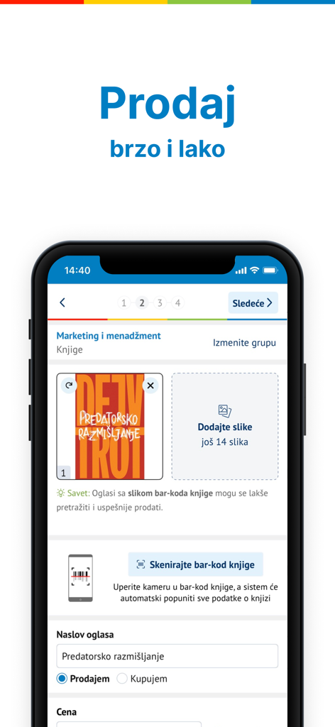 KupujemProdajem - Interface of the KupujemProdajem app showing the screen to post a new classified ad for a book