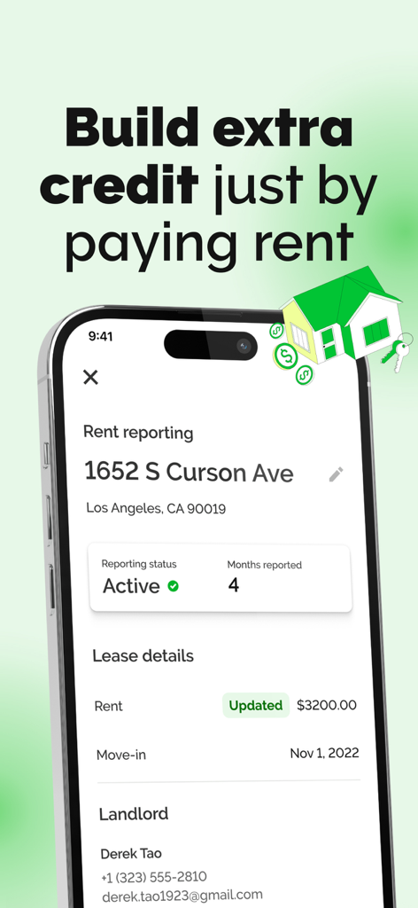Kikoff app interface showing rent reporting feature with active status and lease details