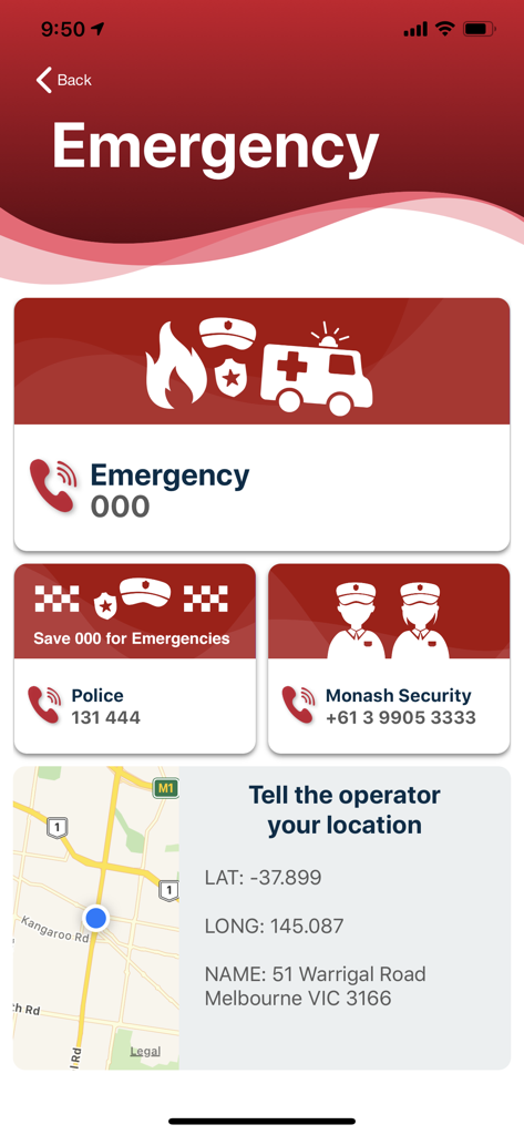 Monash bSafe - Números de contacto de emergencia y ubicación GPS en tiempo real en la aplicación Monash bSafe