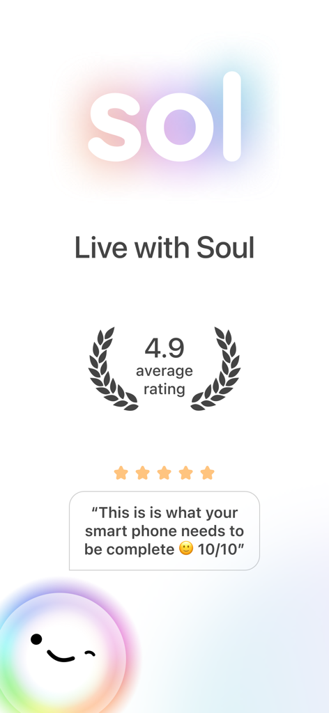 Sol - Grow Your Inner Light - Sol app screen with a 4.9 average rating and a positive user testimonial.