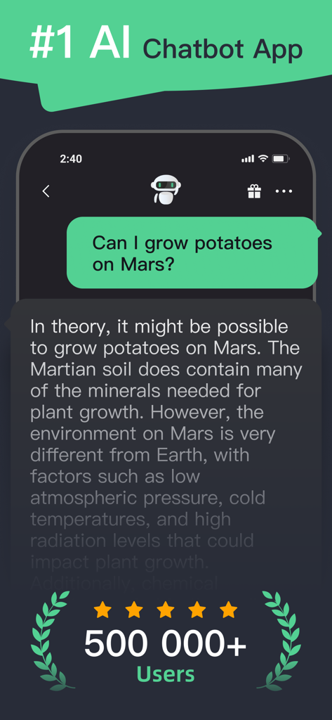 Moss - AI Chat & Genie Chatbot - Moss AI 챗봇 인터페이스는 화성 감자 재배에 대한 대화, 별 다섯 개 등급 및 사용자 수 이정표를 보여줍니다.