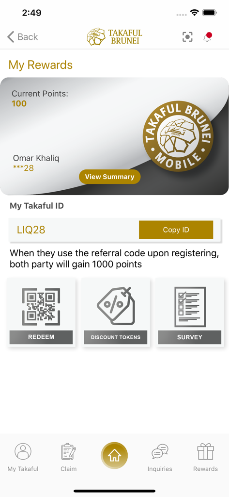 Takaful Brunei - Takaful Brunei app My Rewards page showing points, referral code, and redeem options.