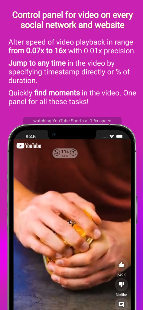 ClipGlider app interface on an iPhone showing adjustable video playback speed on a YouTube Shorts clip