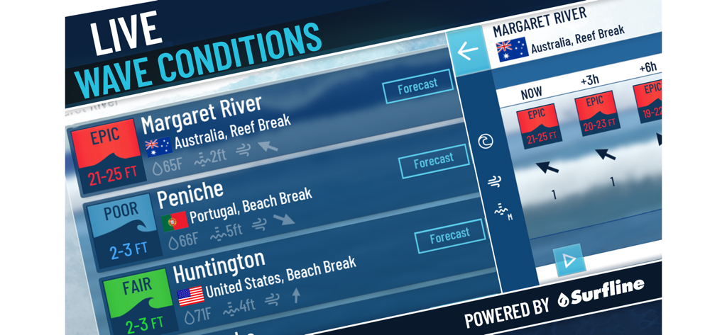 True Surf app interface showing live wave conditions and real-time surf forecasts for global locations powered by Surfline.