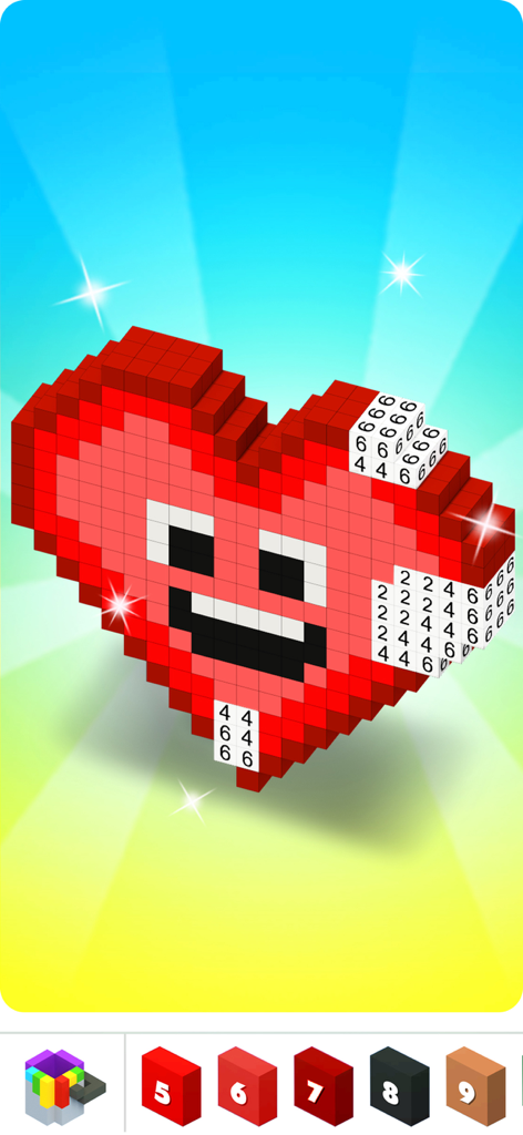 Ein 3D-Voxel-Herz mit einem lachenden Gesicht, das in der Voxly-App nach Zahlen ausgemalt wird.