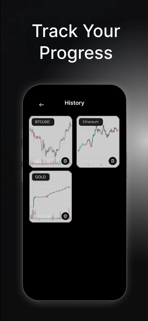 Chart AI - Trading Analysis - Interfaz de smartphone de la aplicación Chart AI que muestra el historial de gráficos de trading analizados para Bitcoin, Ethereum y Oro.