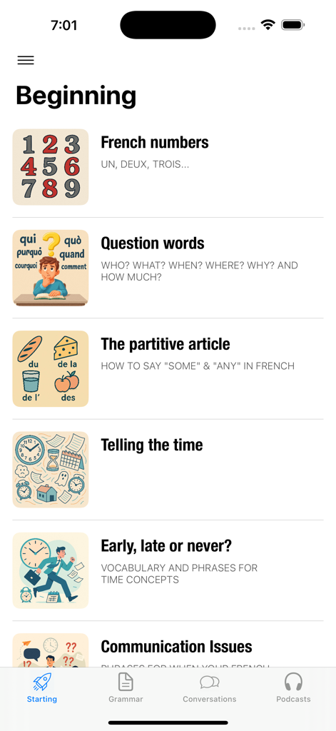 Une liste de leçons de français pour débutants couvrant les nombres, les mots interrogatifs, les articles partitifs et les concepts temporels.