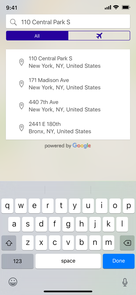 Rainbow Car Service - Address search screen in the Rainbow Car Service app for booking a ride in New York
