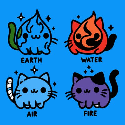 4 cats that represent the different elements, earth, water, air, and fire