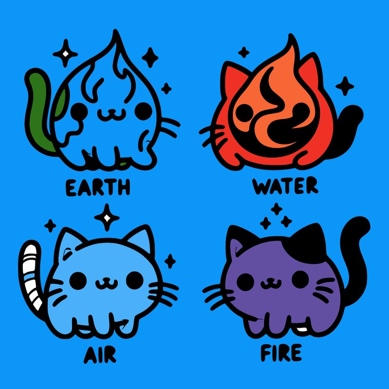 4 cats that represent the different elements, earth, water, air, and fire