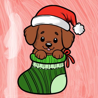 cute puppy wearing santa hat in socking
