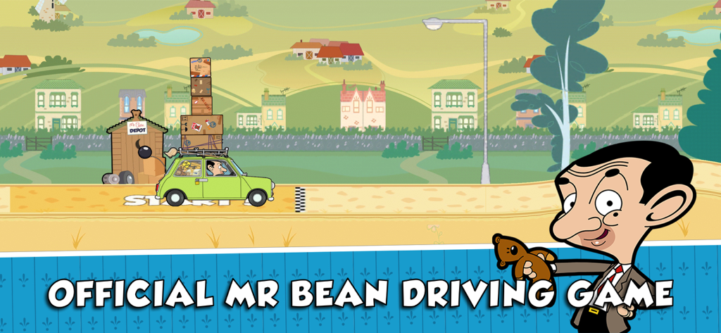 Juego oficial de Mr Bean con el coche verde y paquetes apilados en el campo