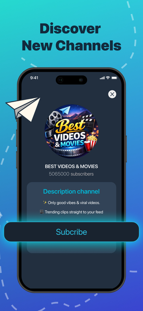 Interfaz para descubrir y suscribirse a nuevos canales de Telegram con una vista previa de un grupo de video y películas.
