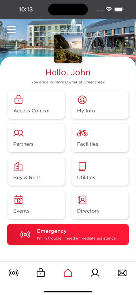 Balwin - Main dashboard of the Balwin app showing resident features like access control utilities and emergency assistance