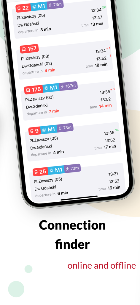 mobileMPK app interface showing public transport connection schedules and departure times for Polish cities