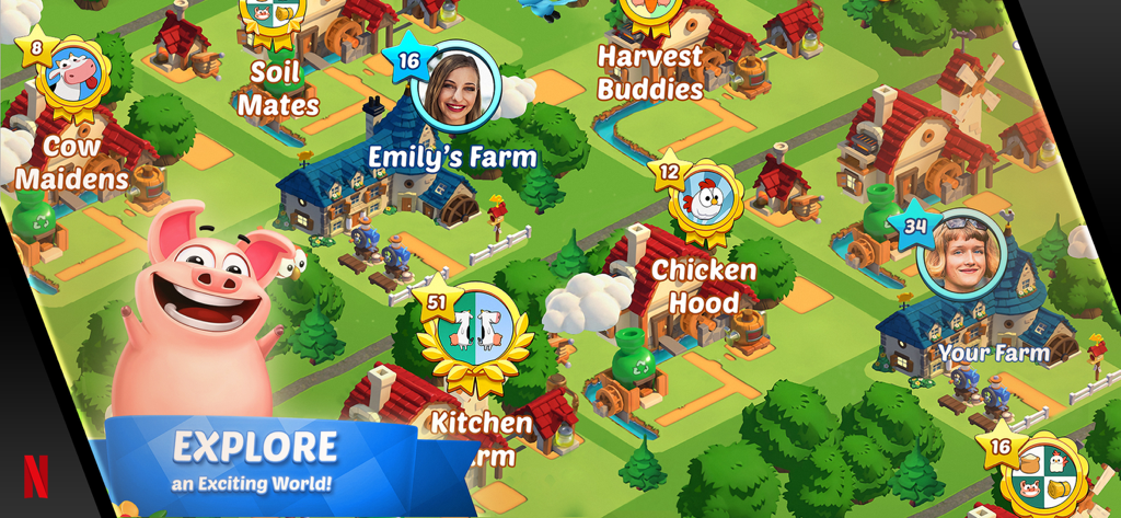 Country Friends - A colorful overhead map view of multiple community farms in the Country Friends game with a happy pink pig in the foreground
