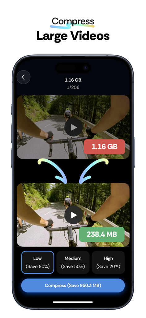 Expert Cleaner - Clean Storage - Expert Cleaner app screen demonstrating video compression from 1.16 GB to 238.4 MB with low medium and high quality settings