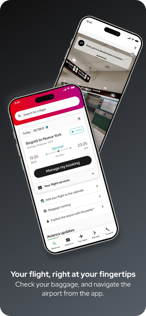 avianca - Dos iPhones mostrando la app Avianca con detalles de vuelo, seguimiento de equipaje y navegación de aeropuerto con realidad aumentada.