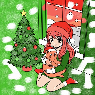 a girl wearing a santa claus hat is holding a cat in her arms, who is also wearing a santa claus hat. they are sitting near a christmas tree. there is a window next to the tree.
