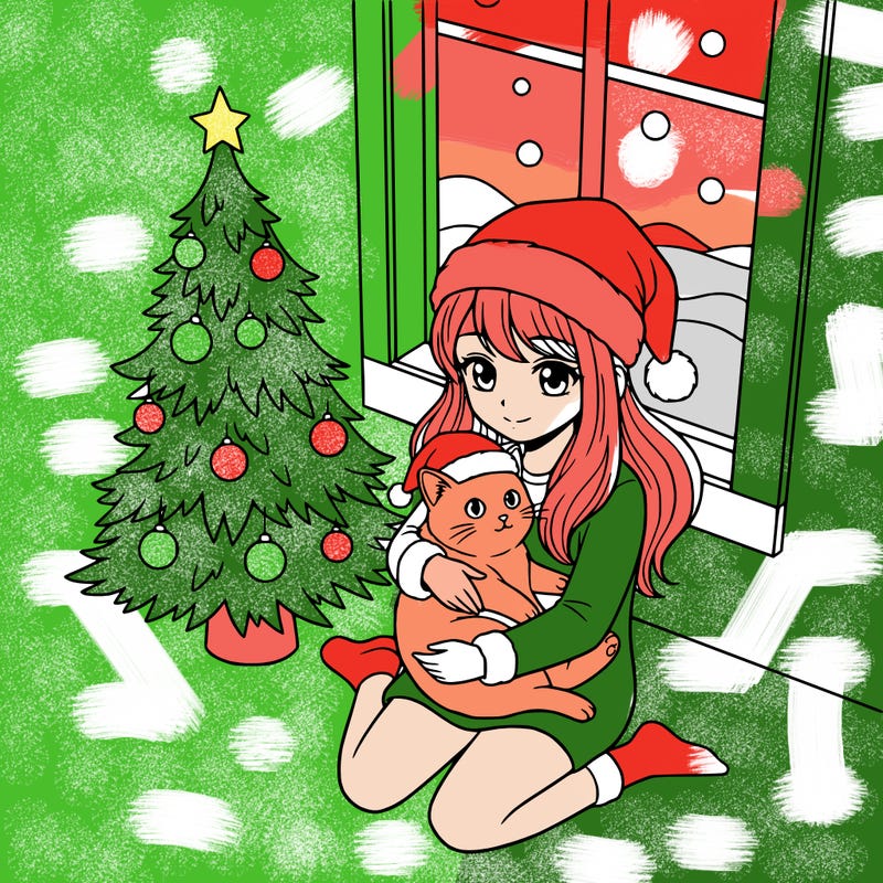 a girl wearing a santa claus hat is holding a cat in her arms, who is also wearing a santa claus hat. they are sitting near a christmas tree. there is a window next to the tree.