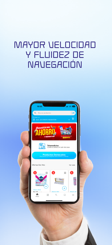 Farmacias Chávez S.A. - A hand holding a smartphone displaying the Farmacias Chavez app interface with features for fast navigation and pharmacy products.