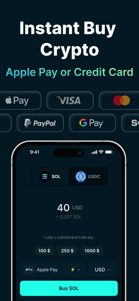 Interface of Jupiter Mobile Solana Wallet showing options to buy crypto instantly with Apple Pay and credit cards