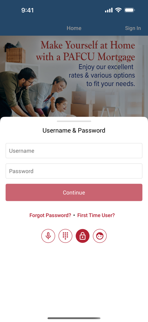 Polish-American Federal CU - Login screen for the Polish-American Federal Credit Union mobile app featuring a mortgage advertisement and sign-in fields.