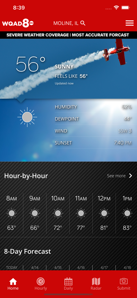WQAD Storm Track 8 Weather app showing sunny current conditions and hourly forecast for Moline IL