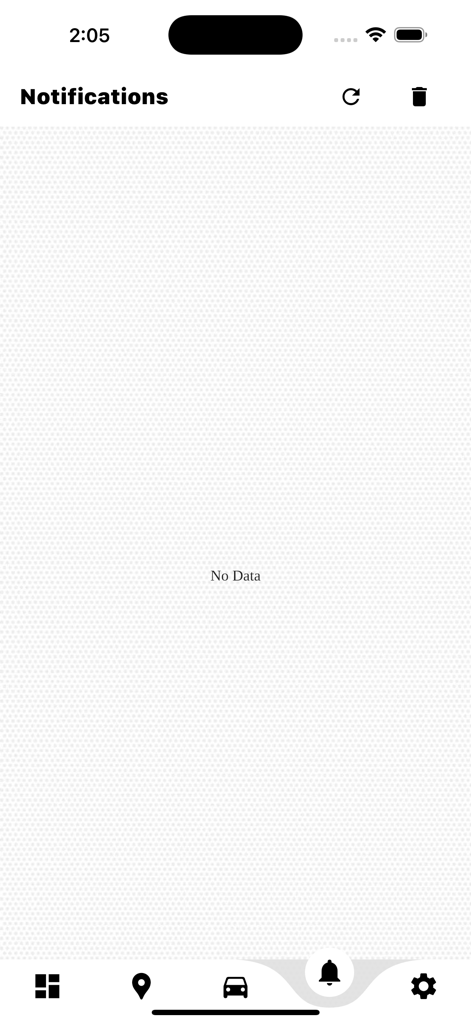 IAI TRACK PRO - Leerer Benachrichtigungsbildschirm in der IAI TRACK PRO App, der die Alarmoberfläche ohne Daten anzeigt.