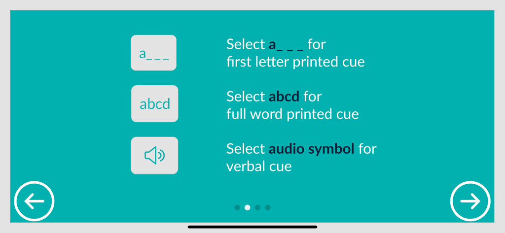 Cue Name - Actions - 最初の文字印刷キュー、単語印刷キュー、音声キューを含む3つの補助キューオプションを説明するCue Name Actionsの指示画面。