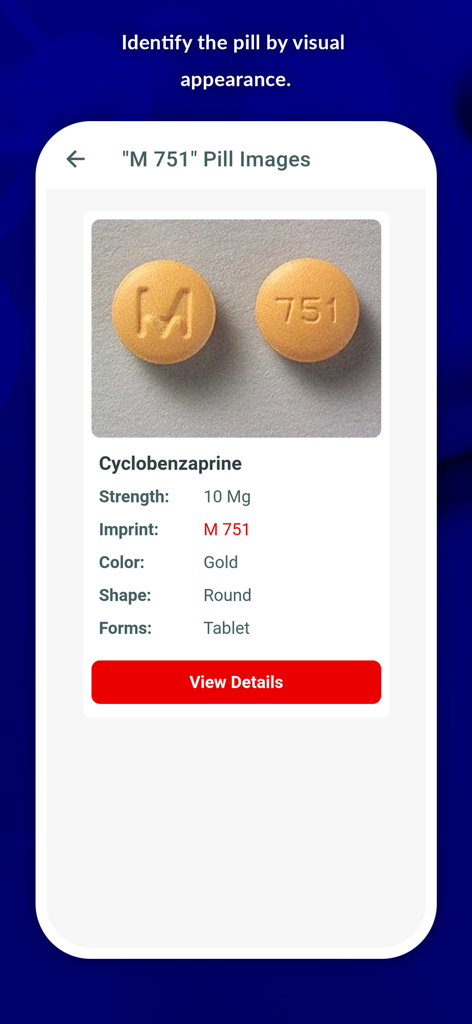 Pill identification screen showing a gold round tablet with imprint M 751
